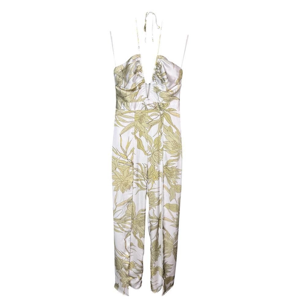 Katie May Never Cross Jumpsuit Sm Ivory Green Floral Halter Wide Leg Open Back